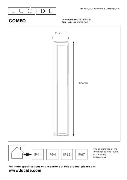 Lucide COMBO - Bollard light - Ø 9 cm - LED - 1x9W 3000K - IP54 - Black - technical